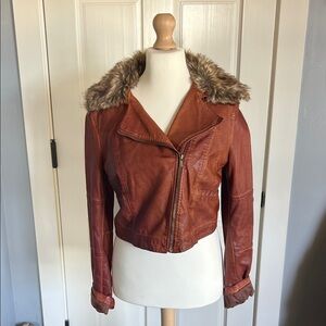 Black Rivet Tan Leather Jacket with Faux Fur Collar